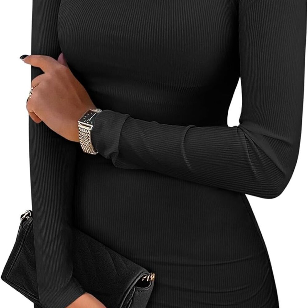 Women Long Sleeve Mock Neck Bodycon Mini Dress Ribbed Slim Fit Night